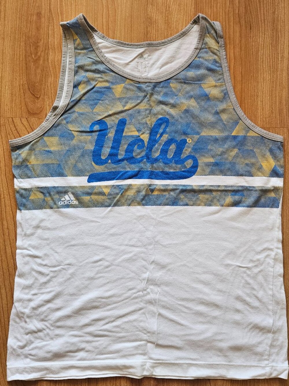 Soft!! Men's Adidas geometric print tank - white, blue, yellow, and gray - Large
